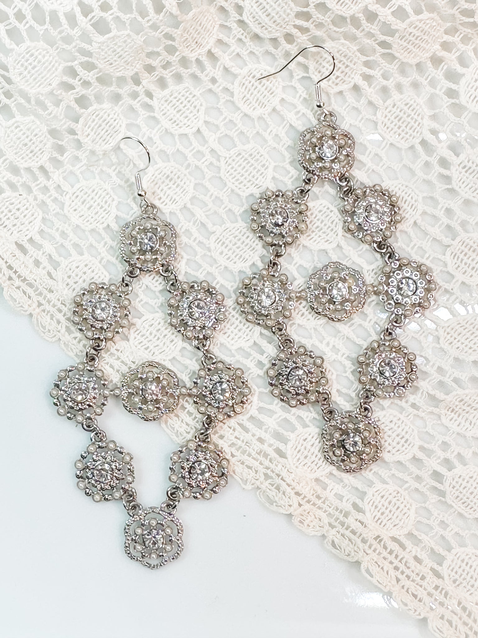 Faux Pearl & Rhinestone Chandelier Earrings