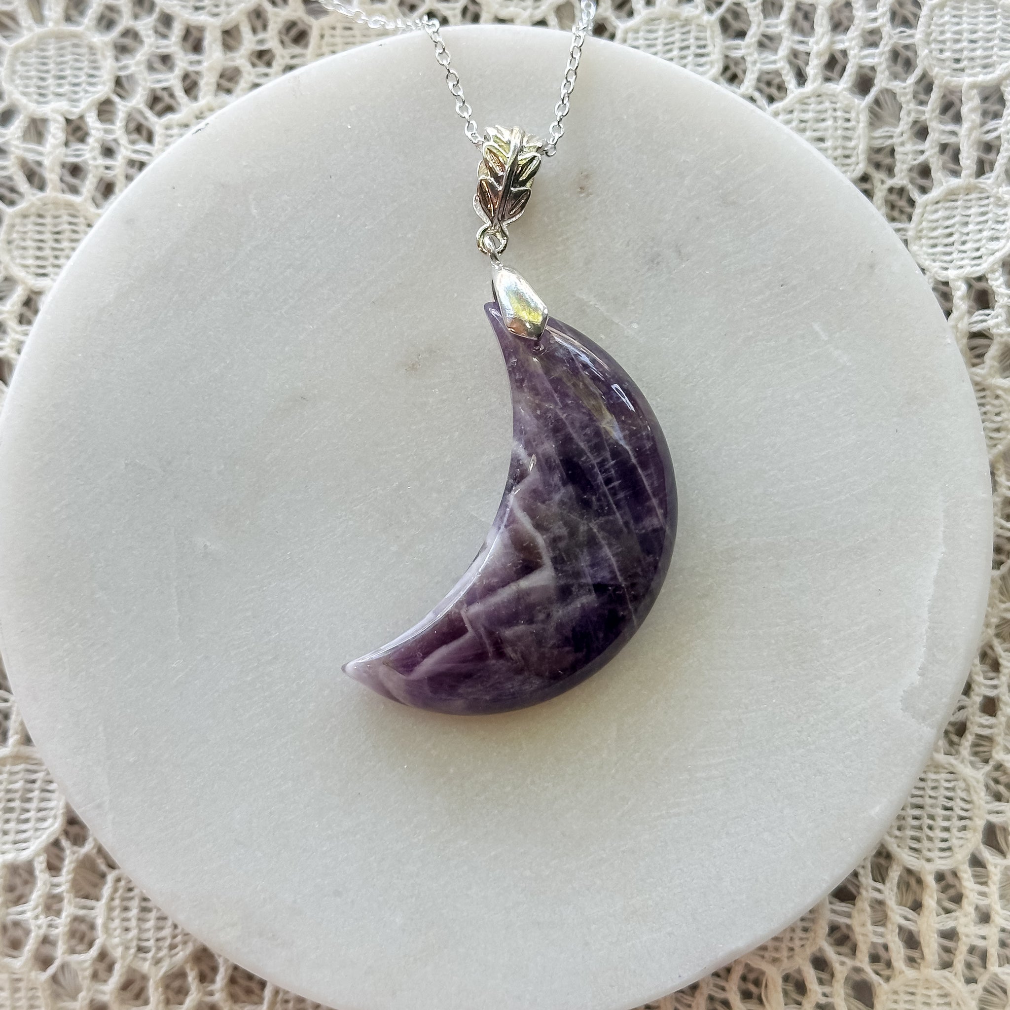 Chevron Amethyst Crescent Moon Necklace