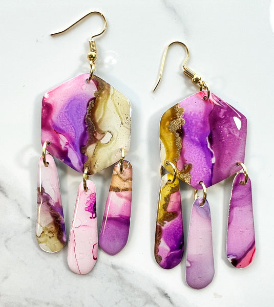 Sunset & Twilight Chandelier: Alcohol Ink Earrings (Gold)