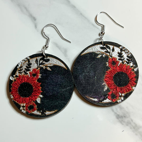 Small Sunflower Crescent Moon Wood Earrings