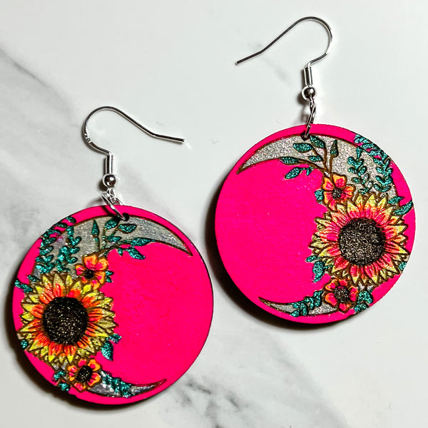 Small Sunflower Crescent Moon Wood Earrings