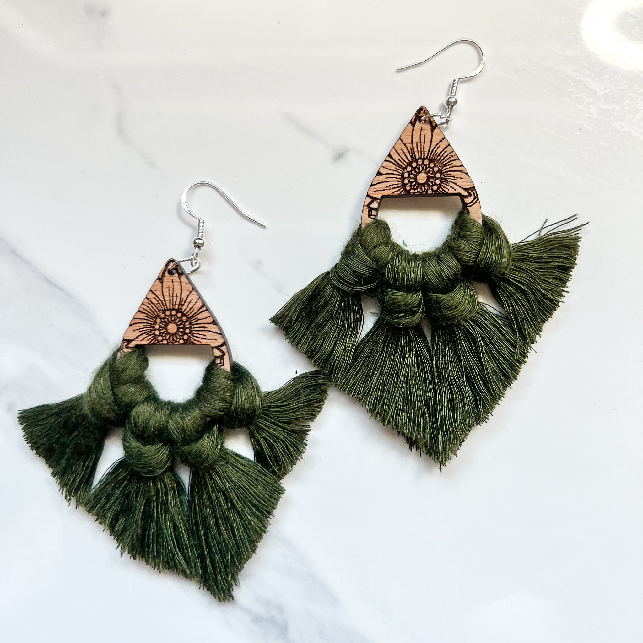 Mahogany Sunflower Mandala Macramé Fringe Earrings