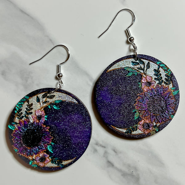 Small Sunflower Crescent Moon Wood Earrings