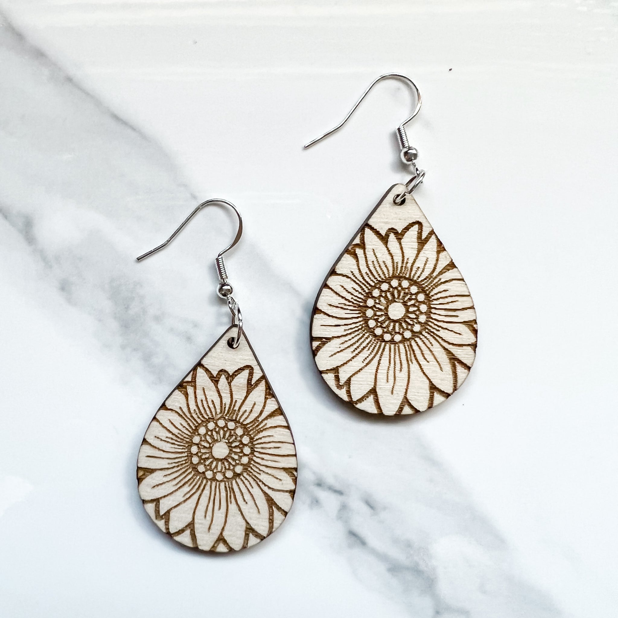 Birch & Mahogany Wood Sunflower Teardrop Earrings