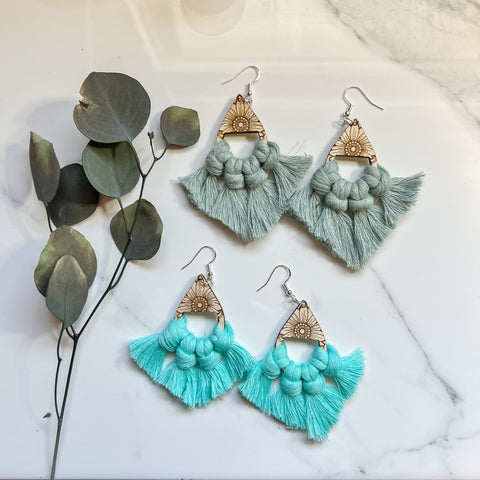 Birch Sunflower Mandala Macramé Fringe Earrings