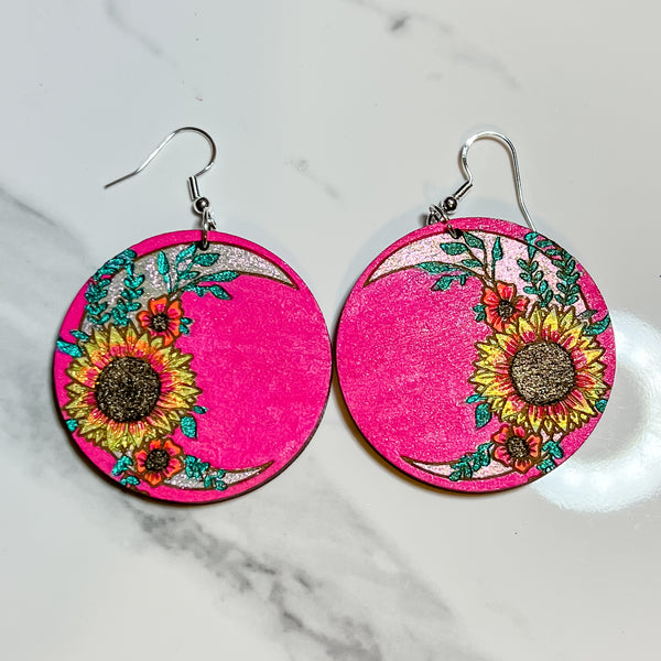Medium Sunflower Crescent Moon Wood Earrings