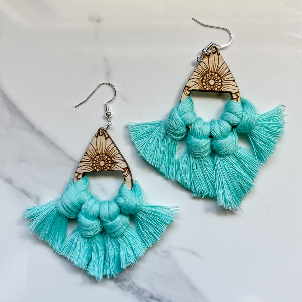 Birch Sunflower Mandala Macramé Fringe Earrings