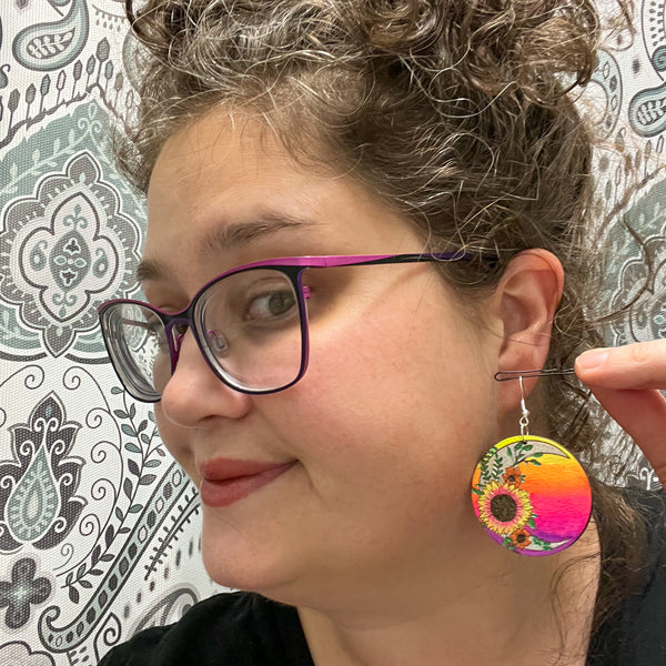 Medium Sunflower Crescent Moon Wood Earrings