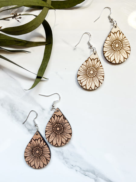 Birch & Mahogany Wood Sunflower Teardrop Earrings