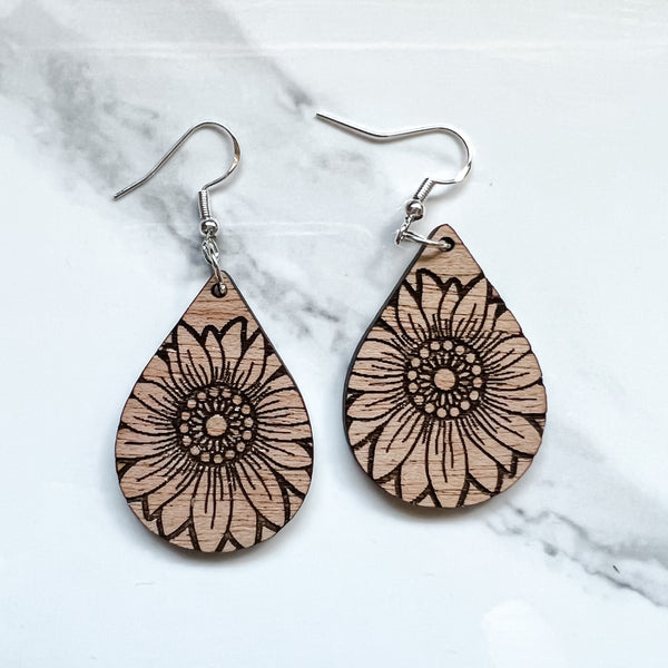 Birch & Mahogany Wood Sunflower Teardrop Earrings