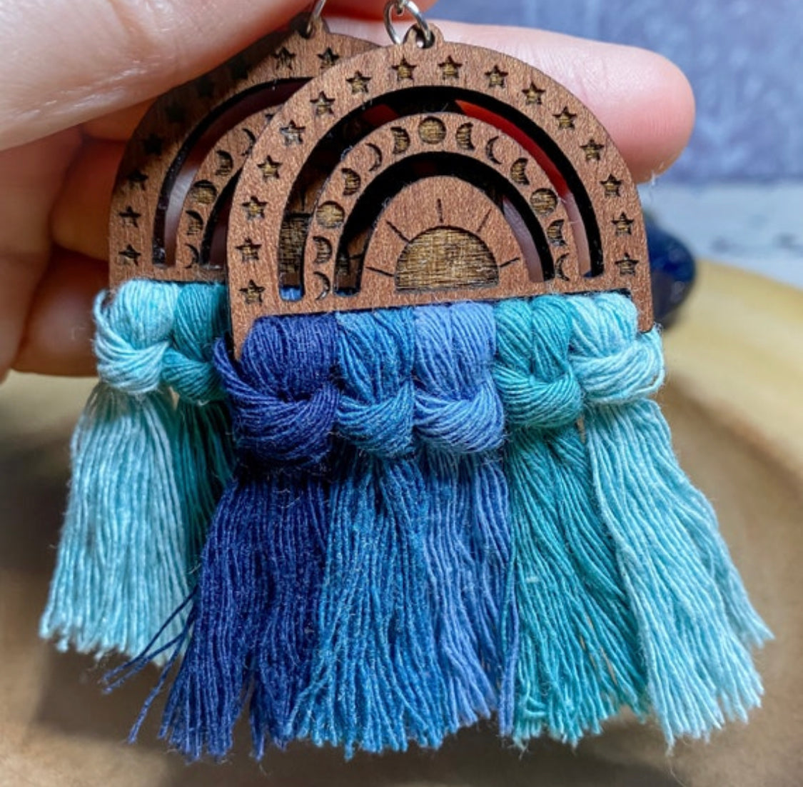 The Blues Celestial Rainbow Wood Macramé Earrings
