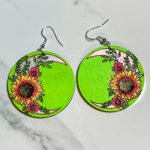 Medium Sunflower Crescent Moon Wood Earrings