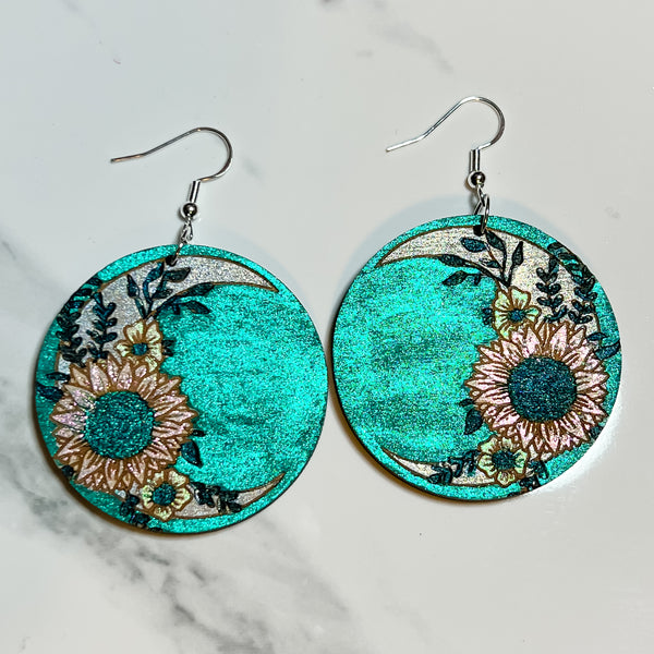 Medium Sunflower Crescent Moon Wood Earrings