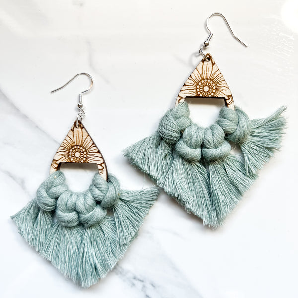 Birch Sunflower Mandala Macramé Fringe Earrings