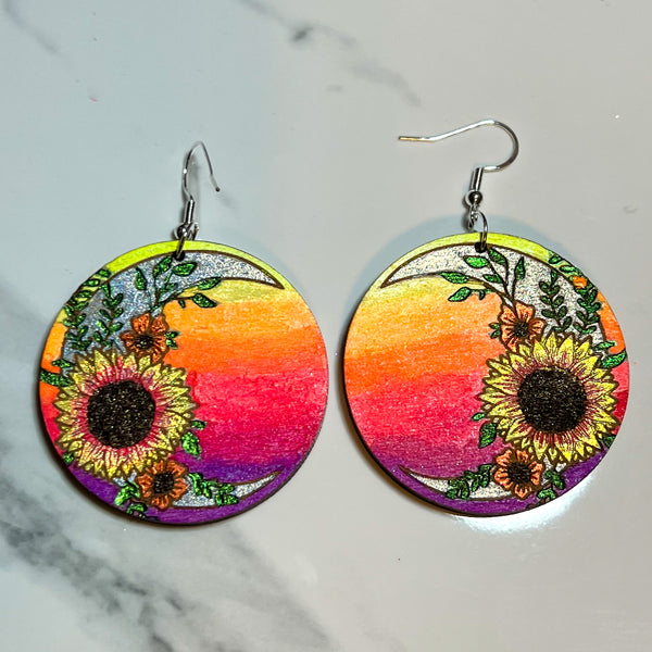 Medium Sunflower Crescent Moon Wood Earrings