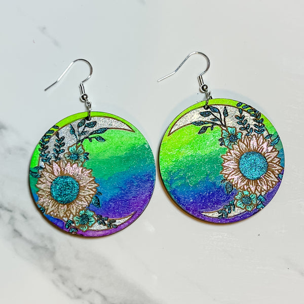 Medium Sunflower Crescent Moon Wood Earrings